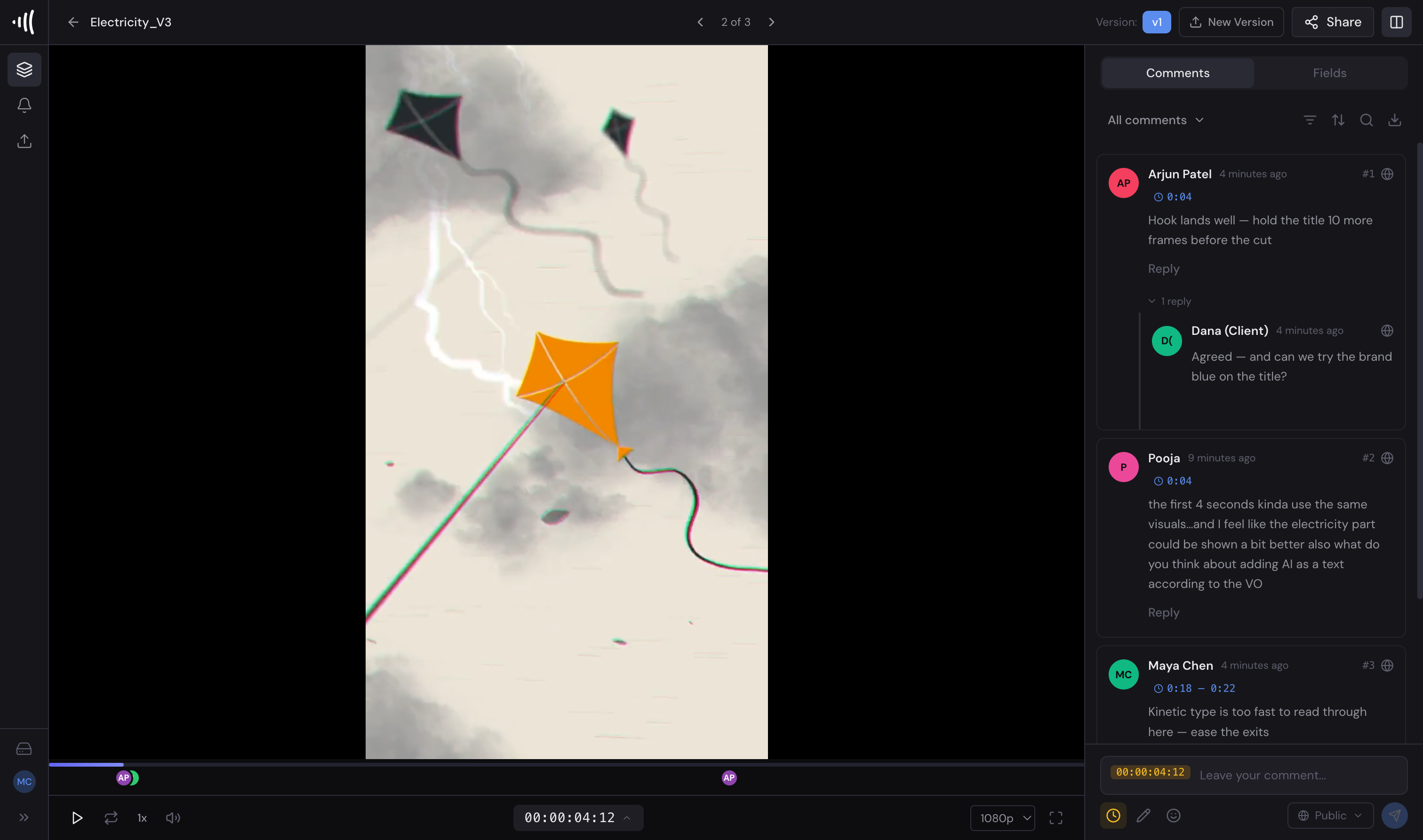 Review workspace concept with a product shoot, frame-specific comments, and timeline markers